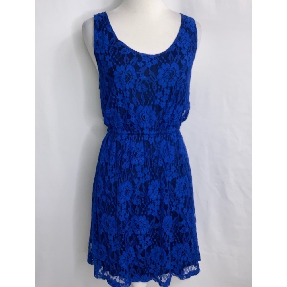 Express Blue Floral Lace Overlay Black Above Knee Sleeveless Dress PS